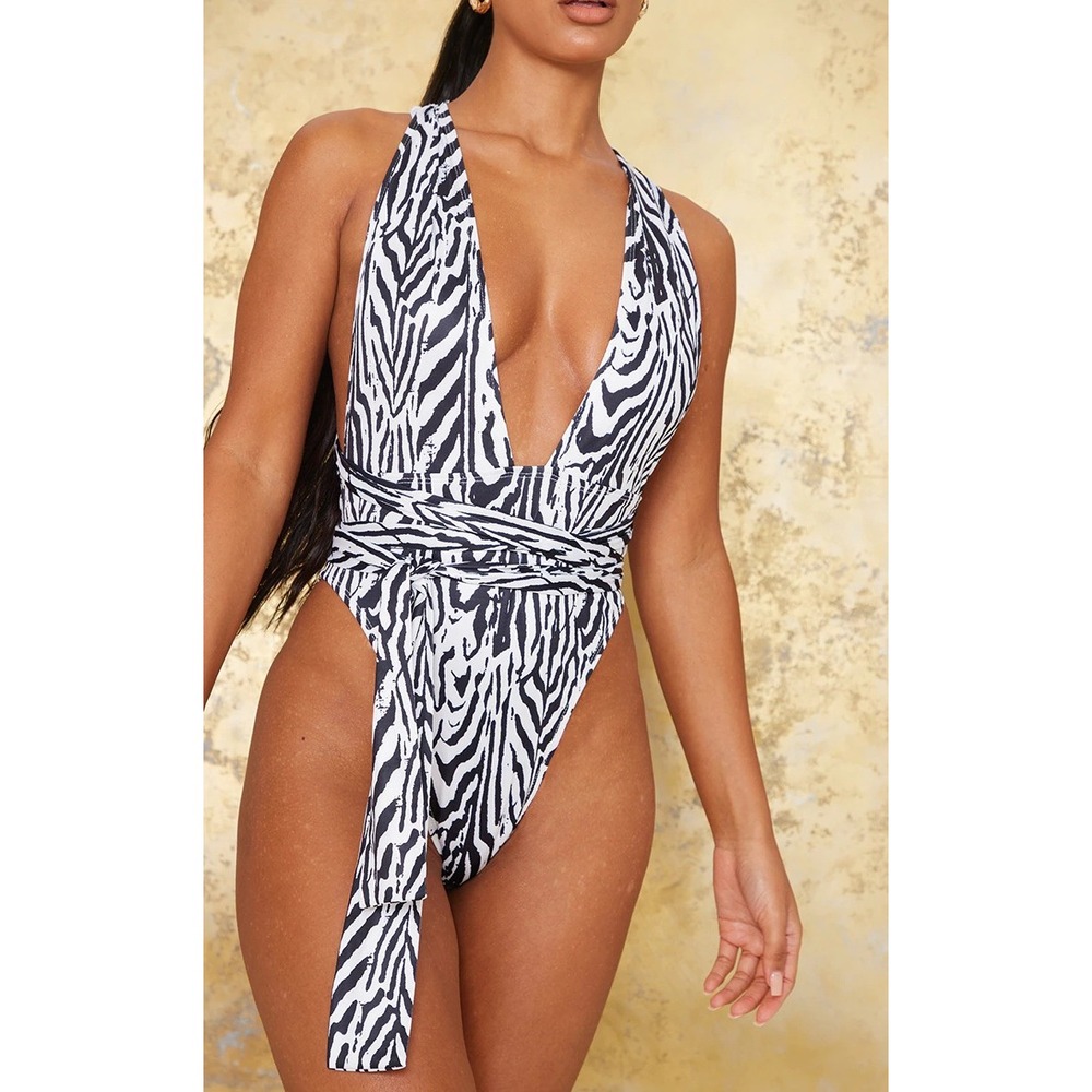 One Piece Swimsuit Zebra Print Convertible Multiway Medium Y2K Retro Baddie NEW